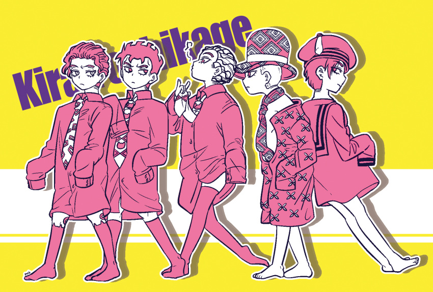 5boys, barefoot, bowler_hat, cat_band_legwear, character_name, collared_shirt, hair_slicked_back, hat