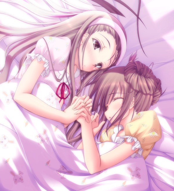 alternate_hairstyle, blush, brown_eyes, brown_hair, hairband, hand_holding, holding_hands, idolmaster