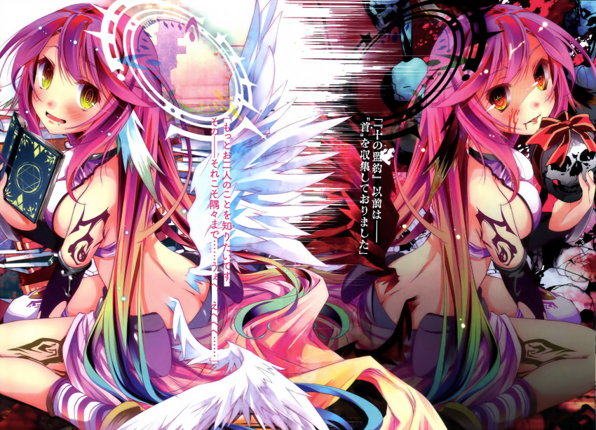 angel_and_devil, angel_wings, arm_support, ass, black_wings, blood, blood_on_face, blush