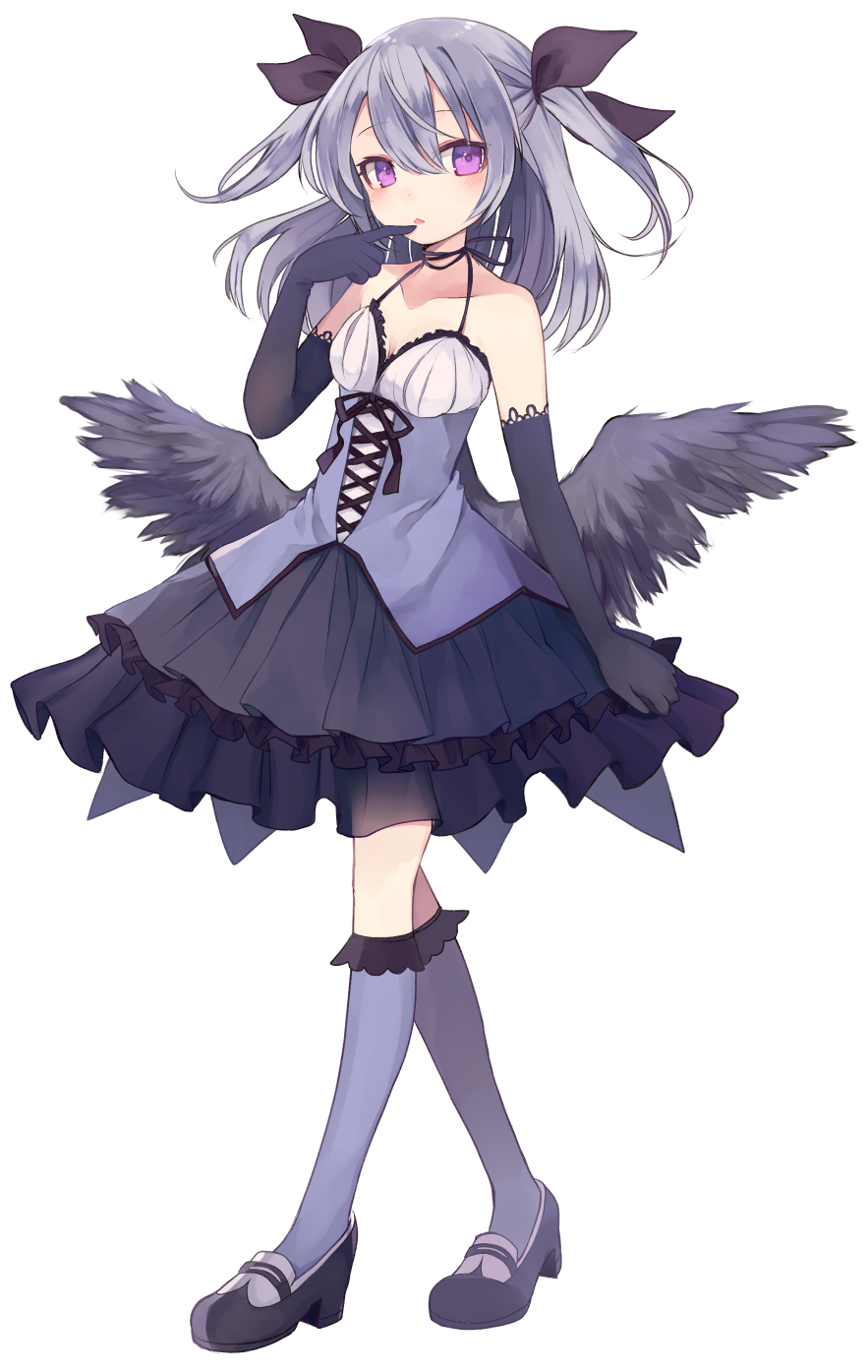 1girl, black_gloves, black_shoes, black_wings, blue_legwear, blush, breasts, dress