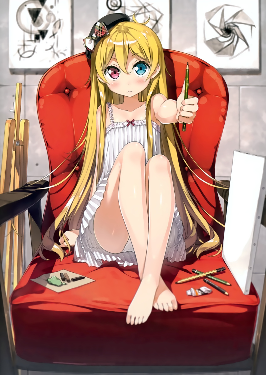 1girl, absurdres, barefoot, beret, black_hat, blonde_hair, blue_eyes, blurry