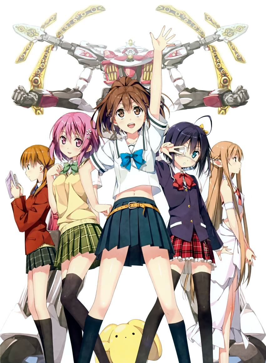 5girls, :d, absurdres, ahoge, aquarion_(series), aquarion_evol, aquarion_evol_(mecha), arm_up