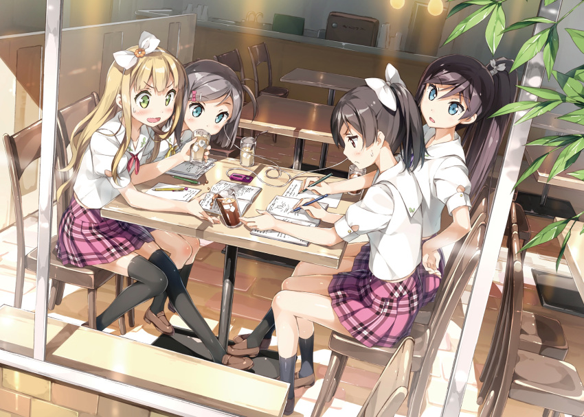 >:(, 4girls, azuki_azusa, bangs, black_legwear, blonde_hair, blue_eyes, blush