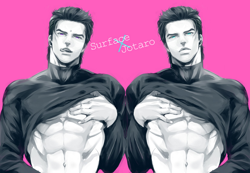2boys, abs, character_name, frown, green_eyes, hand_on_own_chest, hydroball, jojo_no_kimyou_na_bouken, kuujou_joutarou, male_focus, monochrome, multiple_boys, muscle, navel, screw, shirt_lift, spot_color, stand_(jojo), surface_(stand), turtleneck, violet_eyes