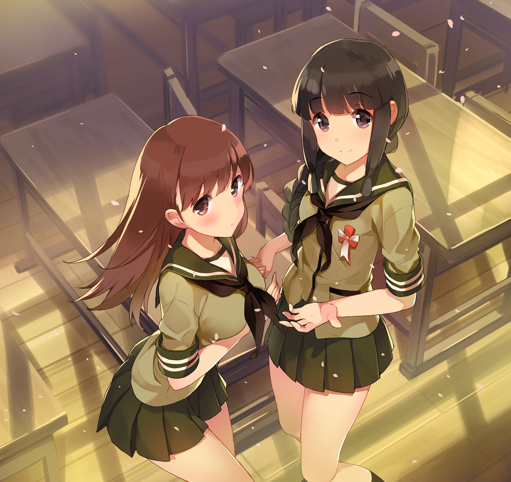 2girls, :<, bangs, black_hair, blunt_bangs, blush, brown_eyes, brown_hair