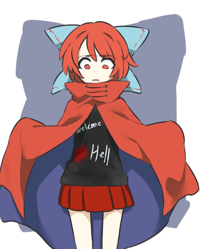 1girl, aliun, black_shirt, blue_background, blue_bow, bow, cloak, clothes_writing