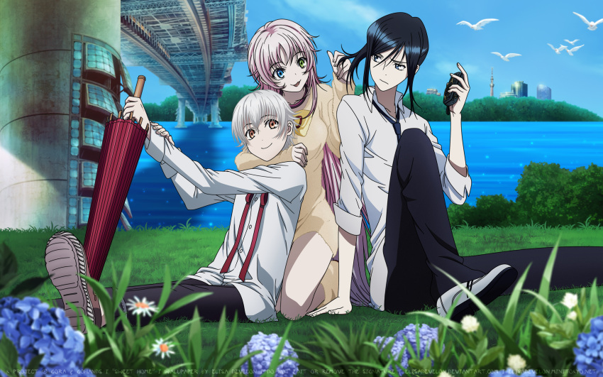 1girl, 2boys, bird, black_hair, black_necktie, blue_eyes, collarbone, elisa_develon
