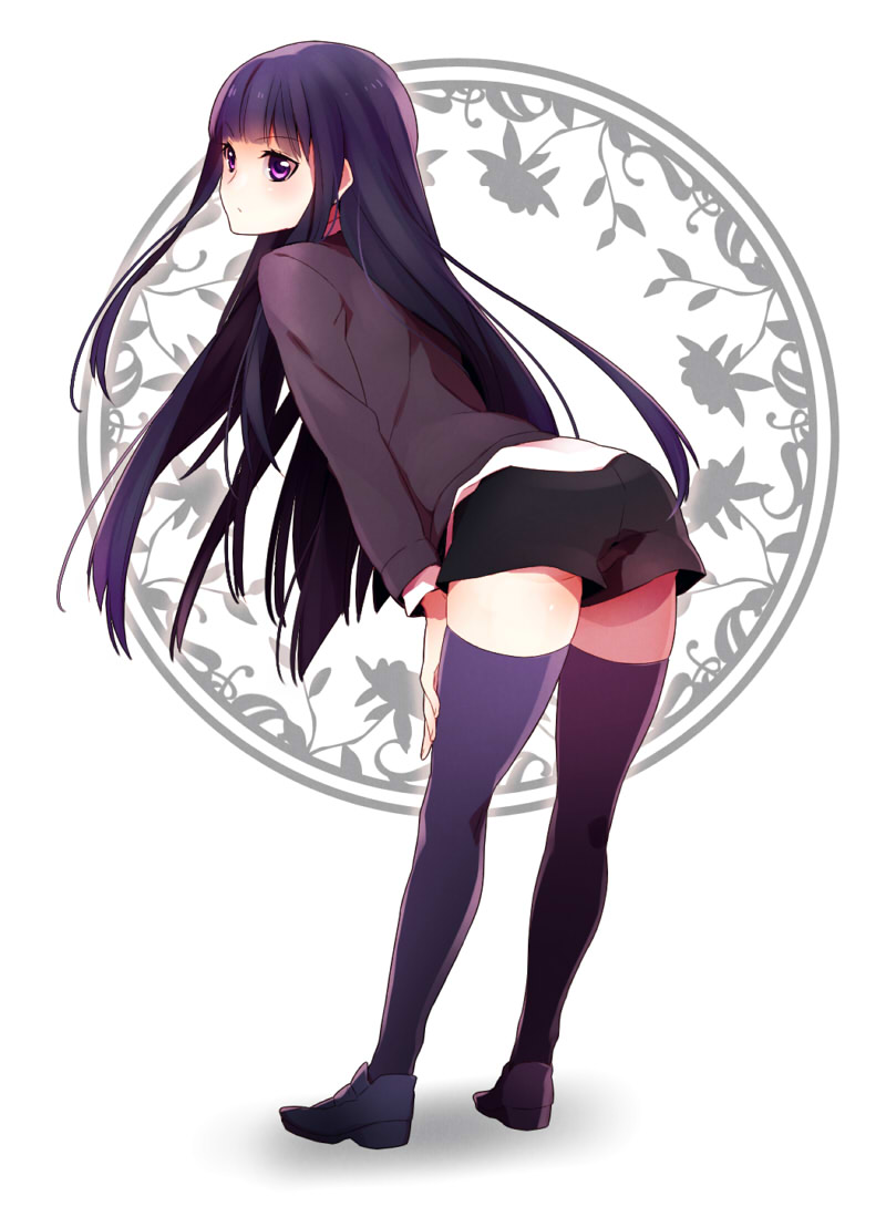 1girl, ai_(warekaku), bent_over, black_hair, black_legwear, black_shorts, inu_x_boku_ss, long_hair, shirakiin_ririchiyo, shorts, solo, thigh-highs, violet_eyes, white_background