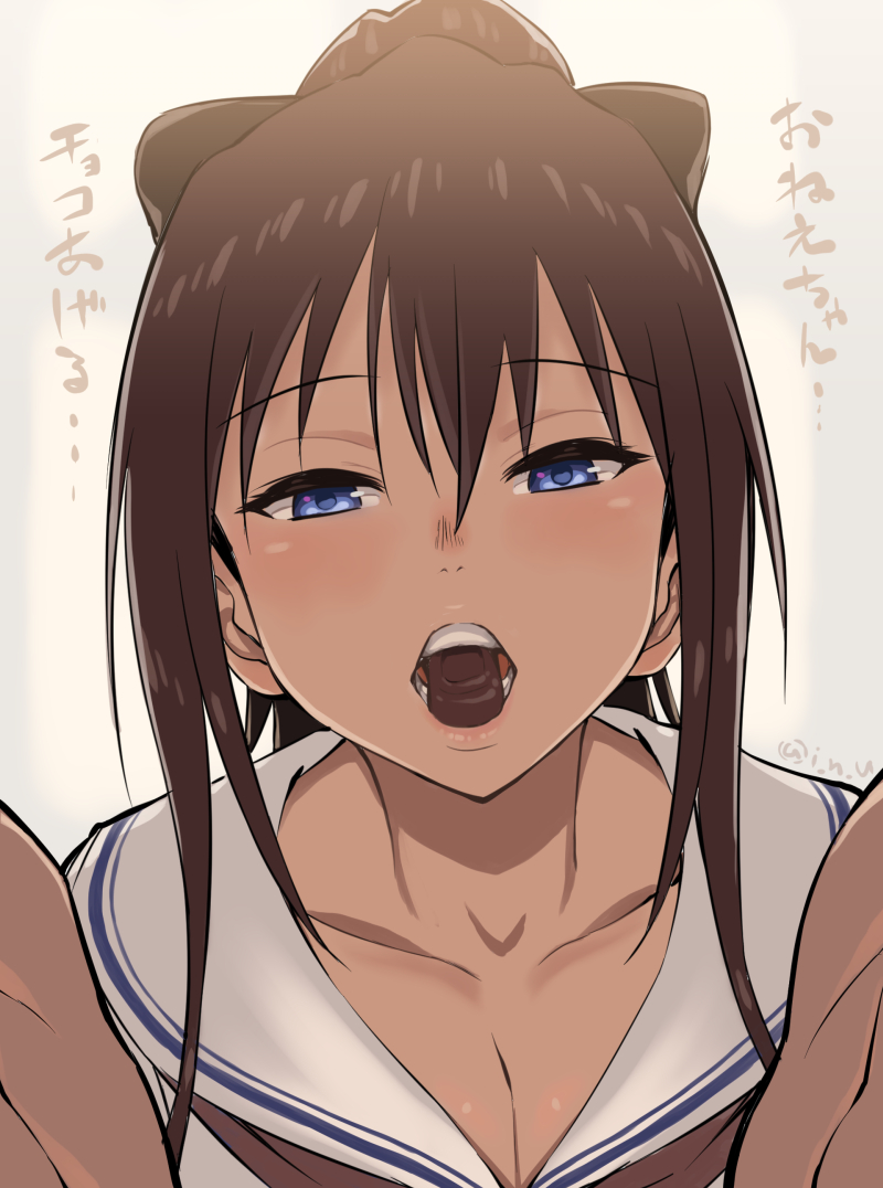 1girl, blue_eyes, blush, breasts, brown_hair, chocolate, cleavage, collarbone