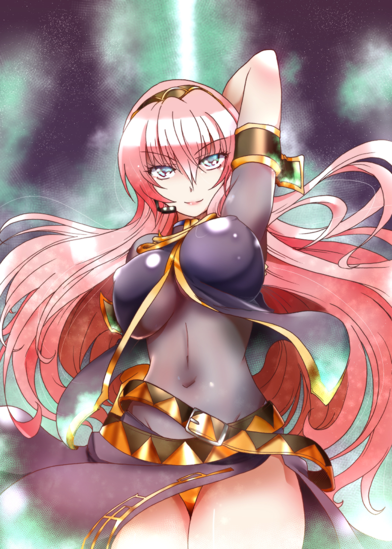 1girl, blue_eyes, breasts, covered_nipples, hair_between_eyes, headset, large_breasts, long_hair