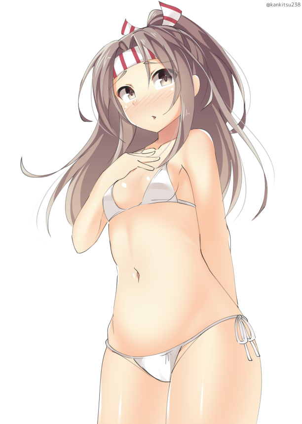 1girl, bikini, brown_hair, grey_eyes, headband, kankitsunabe_(citrus), kantai_collection, long_hair, swimsuit, zuihou_(kantai_collection)