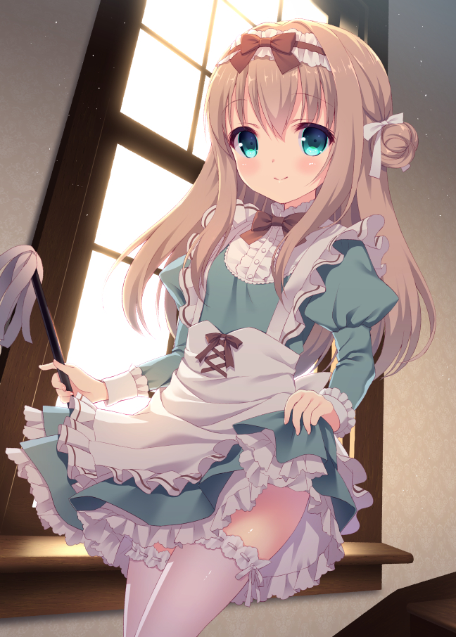 1girl, apron, blonde_hair, blue_eyes, bow, bowtie, dress, dress_lift