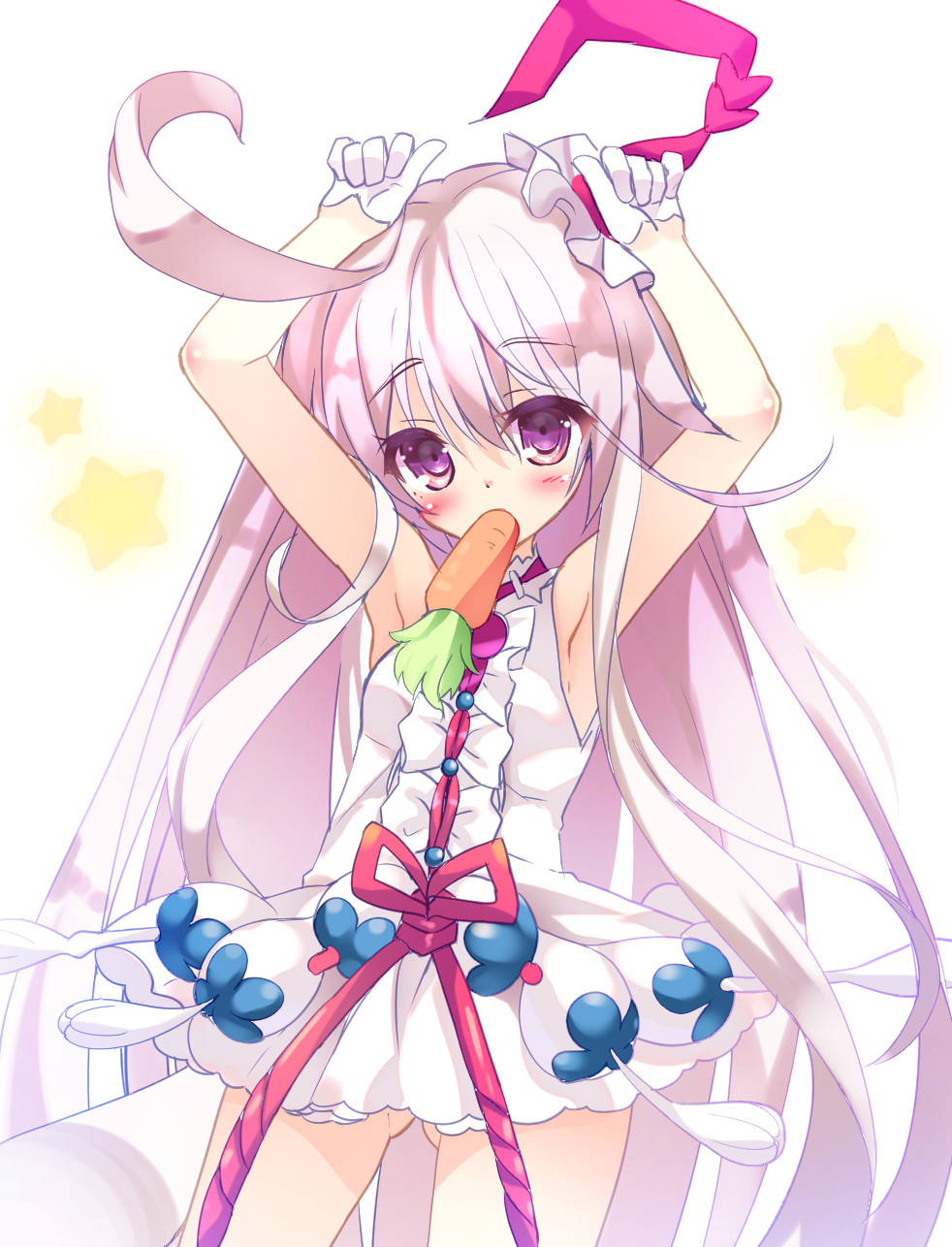 1girl, armpits, arms_up, ass_visible_through_thighs, blush, buttons, carrot, cedama