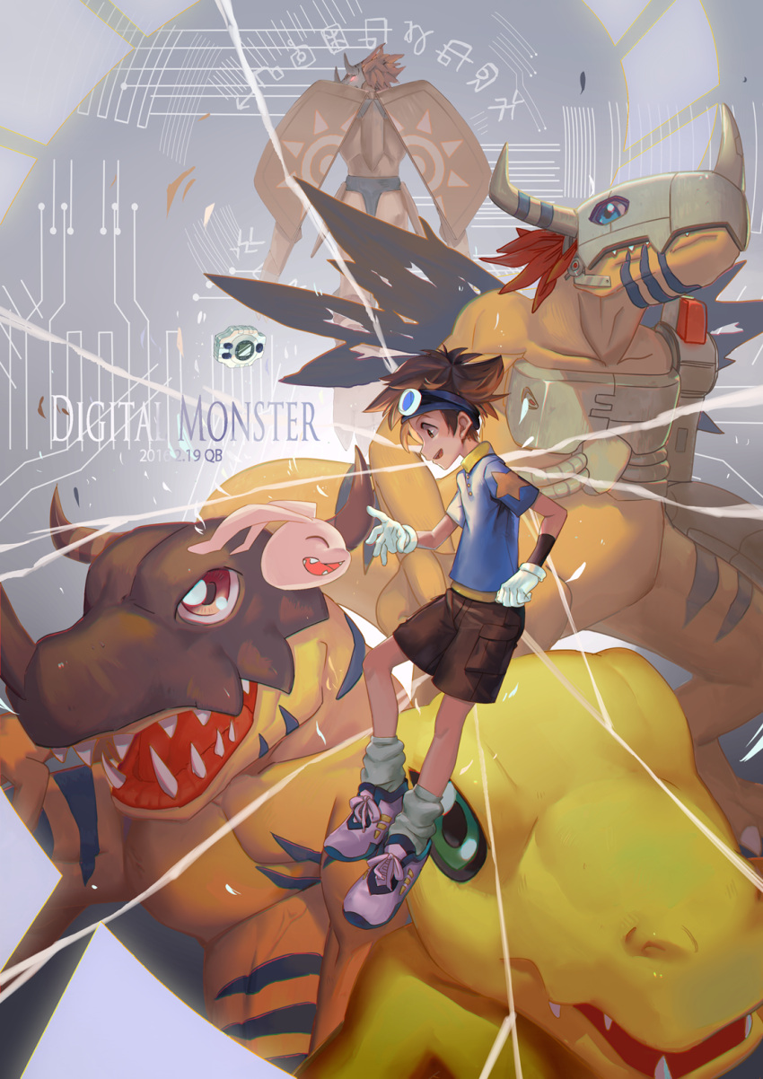 1boy, agumon, brown_eyes, brown_hair, digimon, digimon_adventure, digivice, gloves