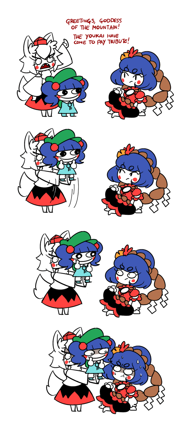 animated, animated_gif, highres, inubashiri_momiji, kawashiro_nitori, middle_finger, peachems_(gemu), touhou