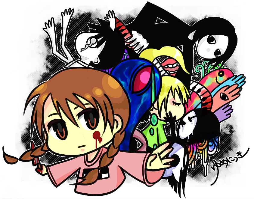 blood_on_face, bloody_weapon, kasei-san, kyukkyu-kun, madotsuki, mogami, monoko, poniko