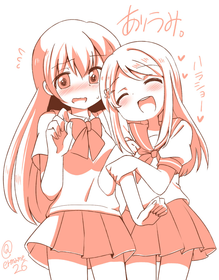 2girls, ayase_arisa, blush, bow, bowtie, eromame, flying_sweatdrops, hair_ornament