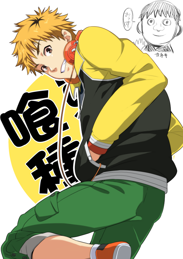 1boy, blonde_hair, brown_eyes, doodle, hands_in_pockets, headphones, headphones_around_neck, kaneki_ken