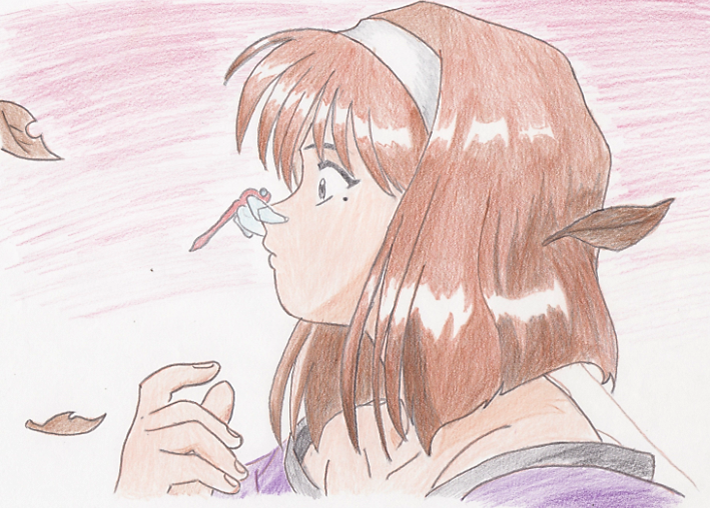 1girl, blowing_leaves, brown_eyes, brown_hair, collarbone, colored_pencil_(medium), dragonfly, from_side