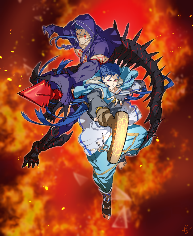 2boys, armor, blue_hair, cu_chulainn_(fate/grand_order), cu_chulainn_alter_(fate/grand_order), earrings, facial_mark, fate/grand_order