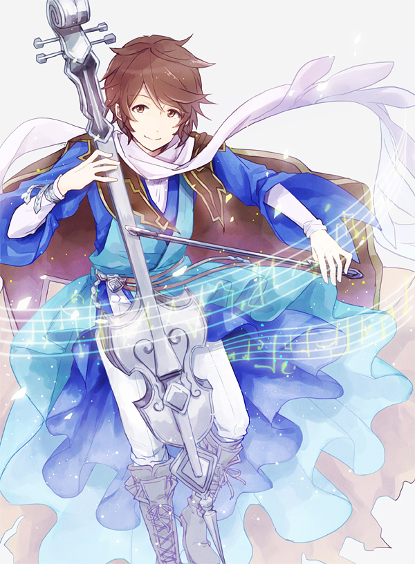 1boy, brown_hair, elta_(granblue_fantasy), granblue_fantasy, looking_at_viewer, playing_instrument, shim@, smile