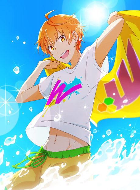 1boy, aoi_yusuke, clouds, cloudy_sky, idolmaster, idolmaster_side-m, looking_at_viewer, orange_eyes