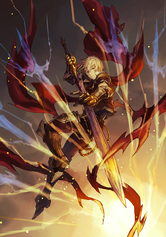 1boy, albert_(granblue_fantasy), armor, blonde_hair, cape, granblue_fantasy, holding, holding_weapon