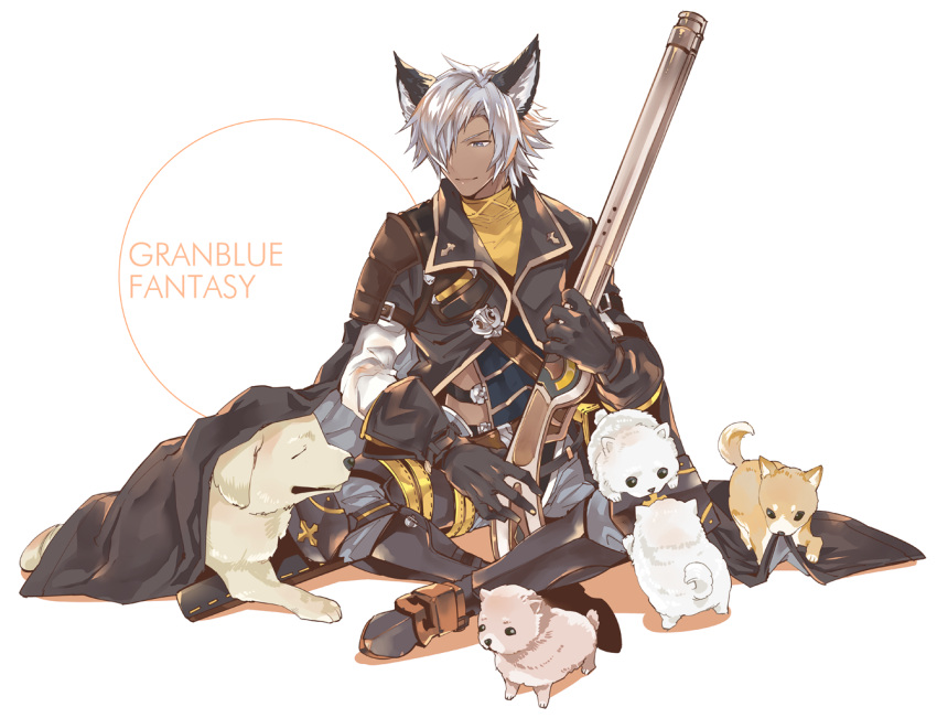 1boy, dark_skin, dog, eustace_(granblue_fantasy), granblue_fantasy, gun, holding, holding_weapon