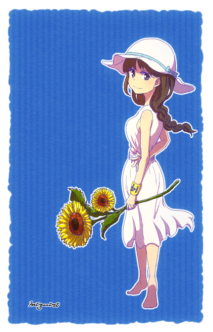 1girl, alternate_costume, arm_at_side, arm_behind_back, artist_name, bangs, barefoot, blue_background, blue_bow, blue_ribbon, bow, braid, brown_eyes, brown_hair, closed_mouth, clothes_writing, dress, eyelashes, flower, from_behind, full_body, hat, hat_bow, hat_ribbon, holding, holding_flower, juushimatsu's_girlfriend, long_hair, looking_at_viewer, looking_back, mizuiri, number, osomatsu-kun, osomatsu-san, ribbon, sash, shade, signature, single_braid, sleeveless, sleeveless_dress, smile, solo, standing, striped, striped_background, sun_hat, sundress, sunflower, vertical-striped_background, vertical_stripes, white_border, white_dress, white_hat, wristband