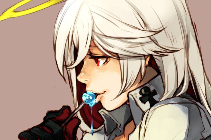 candy, gloves, guilty_gear, guilty_gear_xrd, hankuri, jack-o_(guilty_gear), lollipop, multicolored_hair, red_eyes, redhead, two-tone_hair, white_hair