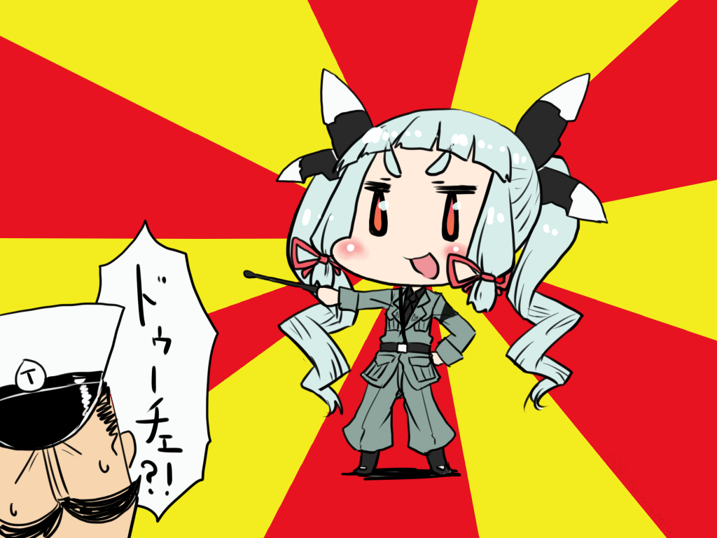 :d, admiral_(kantai_collection), anchovy, anchovy_(cosplay), arm_behind_back, bangs, belt, blue_hair
