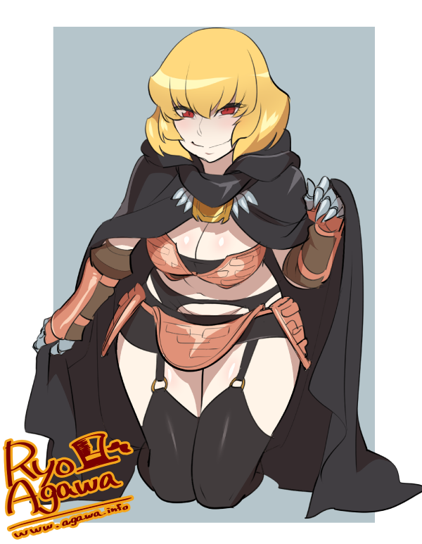 1girl, agawa_ryou, blonde_hair, breasts, cape, cleavage, clementine_(overlord), garters
