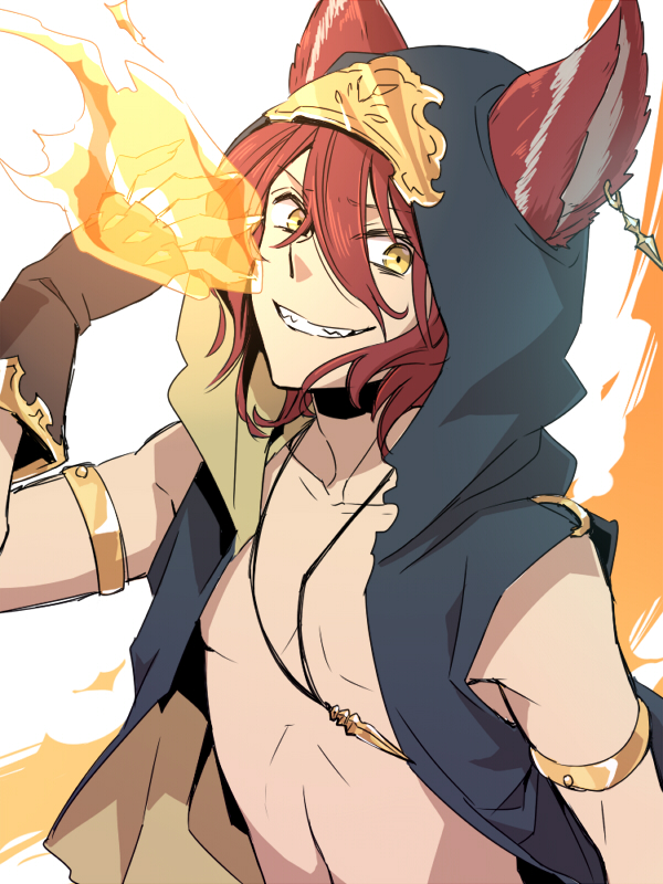 1boy, animal_ears, cat_ears, earrings, elmott, fingerless_gloves, fire, gloves
