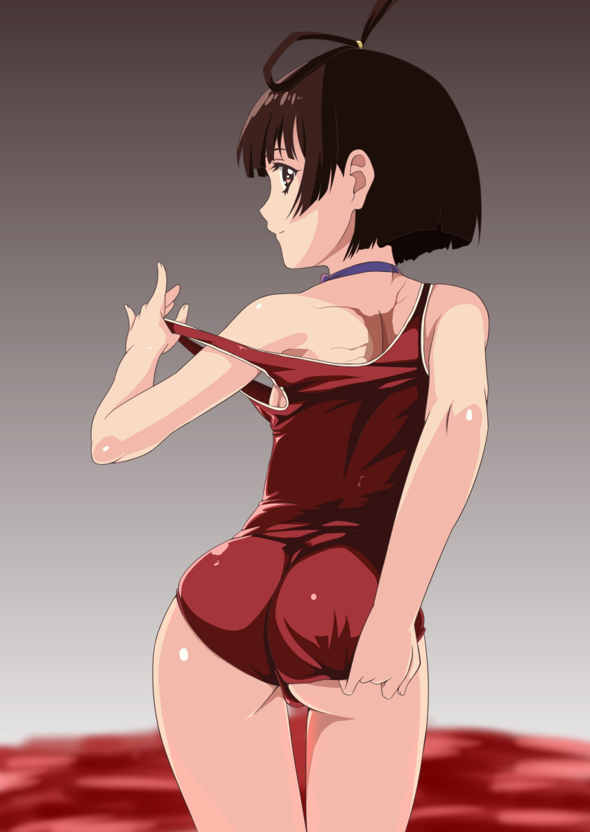 1girl, adjusting_clothes, adjusting_swimsuit, ass, backboob, blue_ribbon, breasts, brown_eyes
