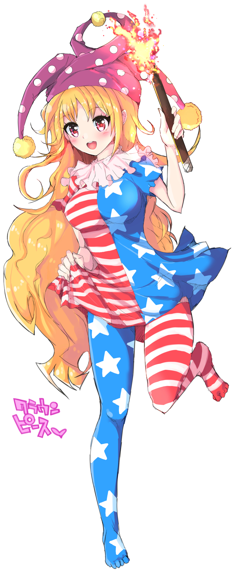 1girl, american_flag_dress, american_flag_legwear, bangs, blonde_hair, blush, character_name, clownpiece