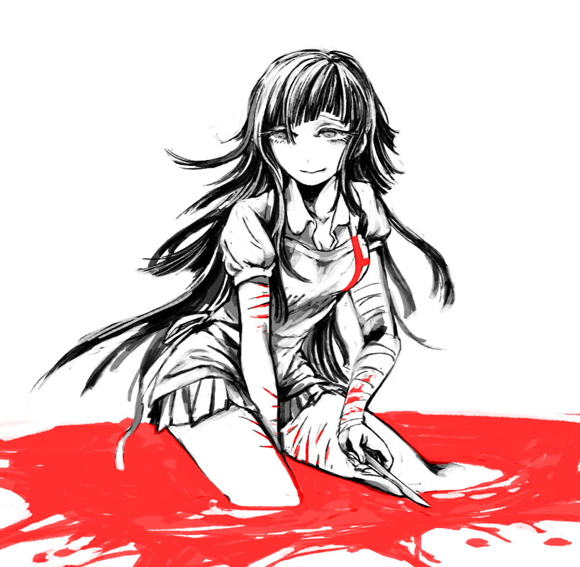 1girl, apron, atrium_(artist), bandages, bangs, black_hair, blood, bloody_clothes