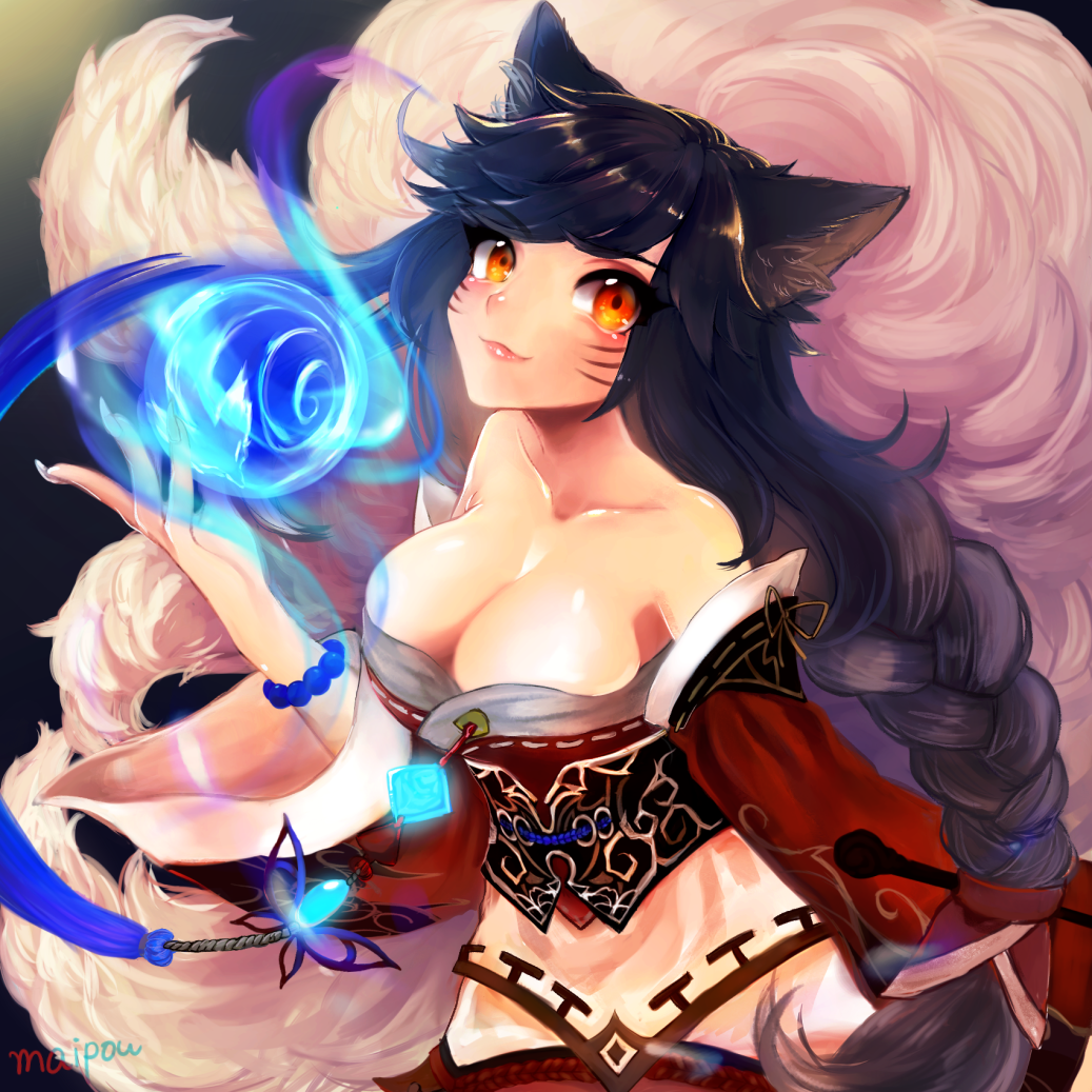1girl, ahri, animal_ears, bare_shoulders, black_hair, breasts, cleavage, collarbone