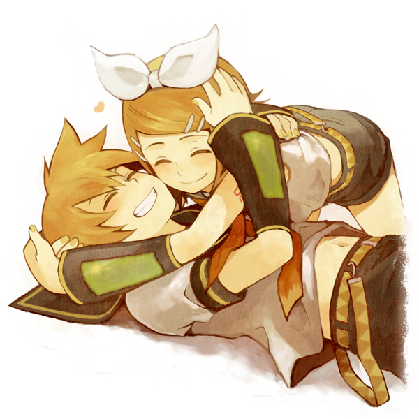 closed_eyes, hair_ribbon, hug, kagamine_len, kagamine_rin, nako75, ribbon, shirataki_nako, short_hair, siblings, simple_background, smile, twins, vocaloid