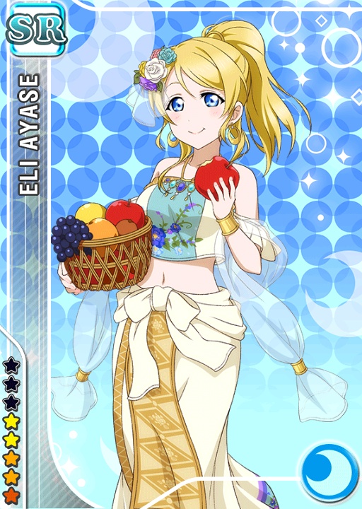 arabian_clothes, ayase_eli, blonde_hair, blue_eyes, blush, character_name, dress, fruits