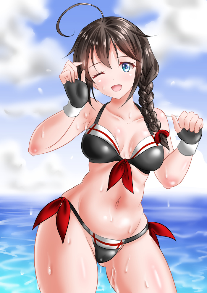 1girl, adapted_costume, bikini, black_hair, blue_eyes, braid, hair_flaps, hair_over_shoulder