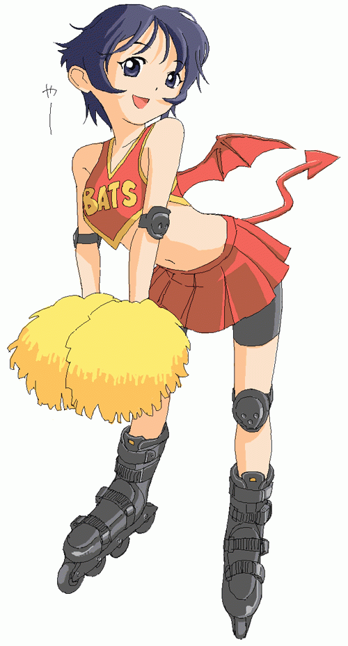 bike_shorts, blue_eyes, blue_hair, cheerleader, demon_tail, demon_wings, elbow_pads, eyeshield_21