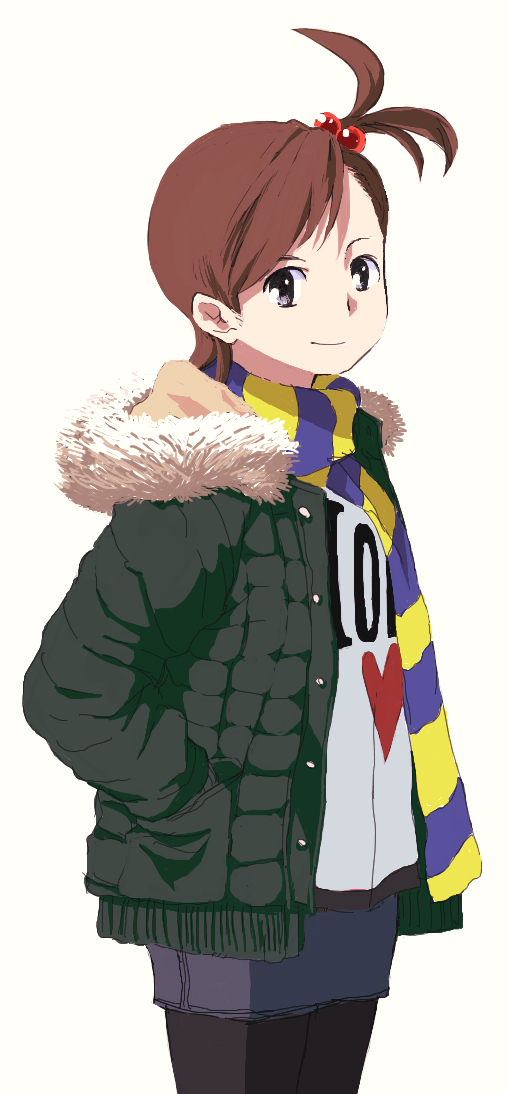 black_pantyhose, casual, coat, denim_skirt, fashion, futami_mami, hair_bobbles, hair_ornament