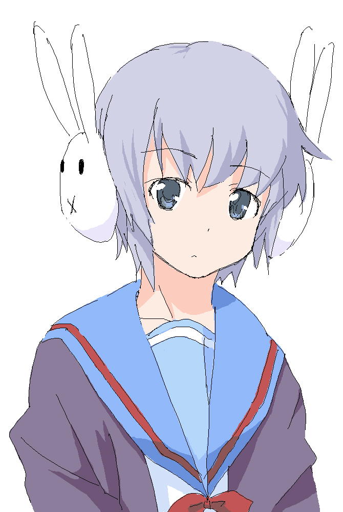 blue_eyes, bunny, cardigan, headphones, lavender_hair, mycomputer, nagato_yuki, oekaki, rabbit, rabbit_headphones, school_uniform, short_hair, suzumiya_haruhi-chan_no_yuuutsu, suzumiya_haruhi_no_yuuutsu