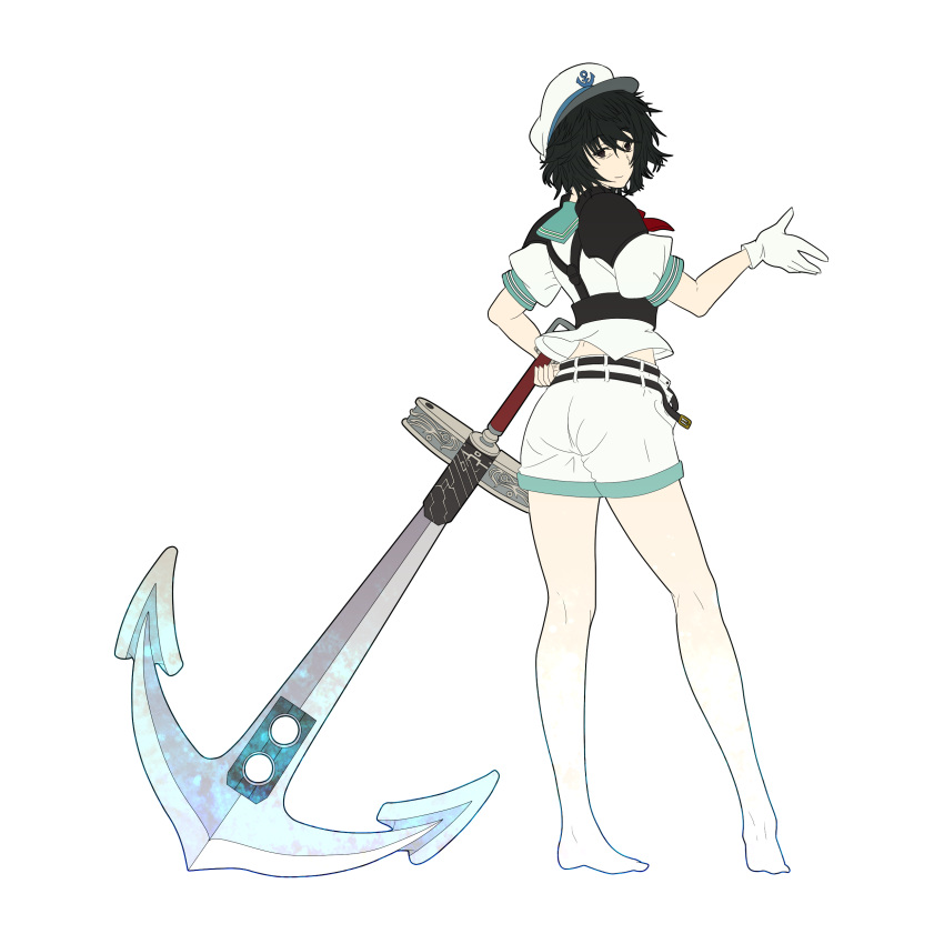 1girl, absurdres, adapted_costume, anchor, ascot, barefoot, belt, black_eyes