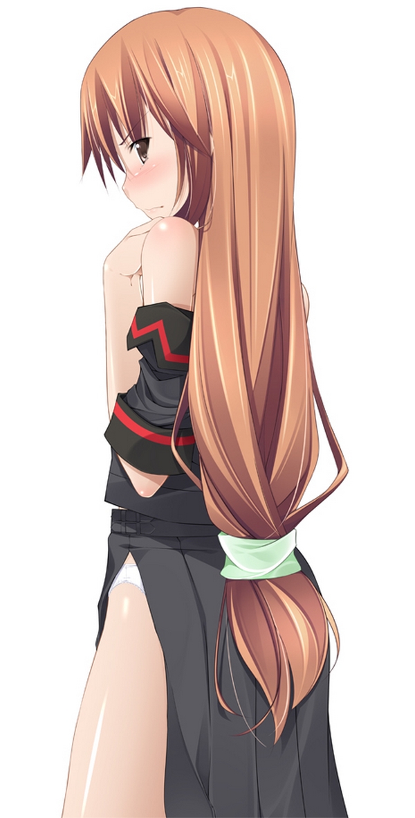 1girl, brown_eyes, brown_hair, from_behind, kazumu, long_hair, ookami-san, ookami_ryouko, panties, simple_background, solo, underwear, white_background, white_panties