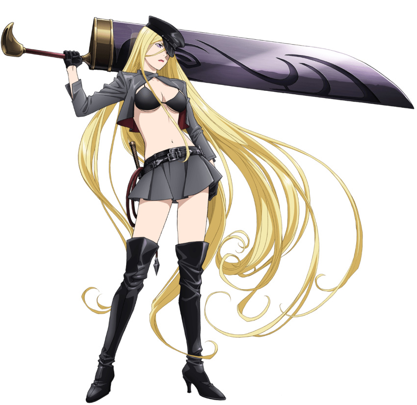 1girl, bishamonten_(noragami), black_boots, black_bra, black_gloves, blonde_hair, boots, bra
