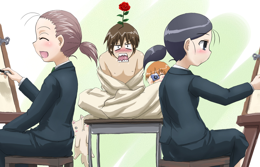 black_eyes, black_hair, blush, brown_hair, camera, closed_eyes, dog, easel