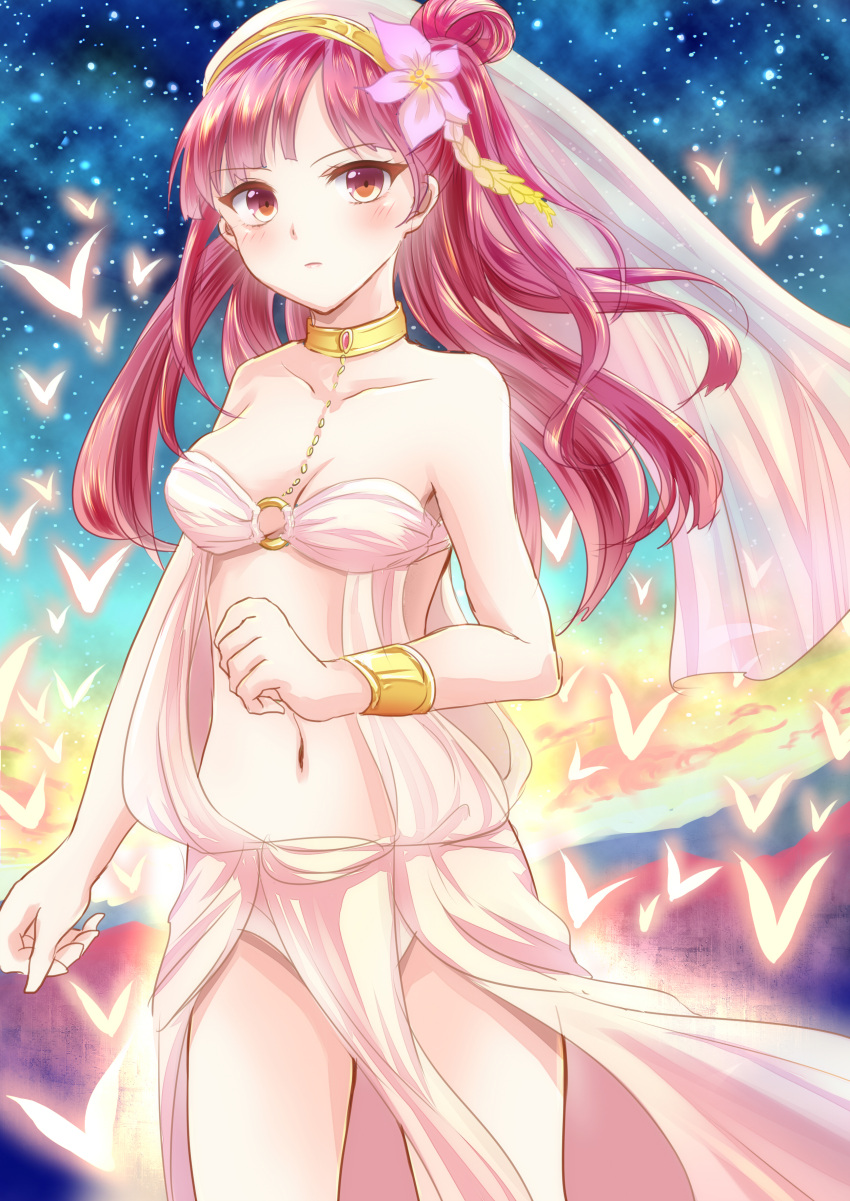 1girl, absurdres, breasts, brown_eyes, cleavage, collar, collarbone, highres, kashiwagi_chisame, long_hair, magi_the_labyrinth_of_magic, morgiana, nvael, purple_hair, sky, solo, star_(sky), starry_sky