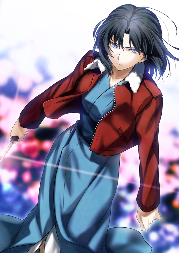1girl, black_hair, blue_eyes, collarbone, holding, holding_weapon, japanese_clothes, kara_no_kyoukai