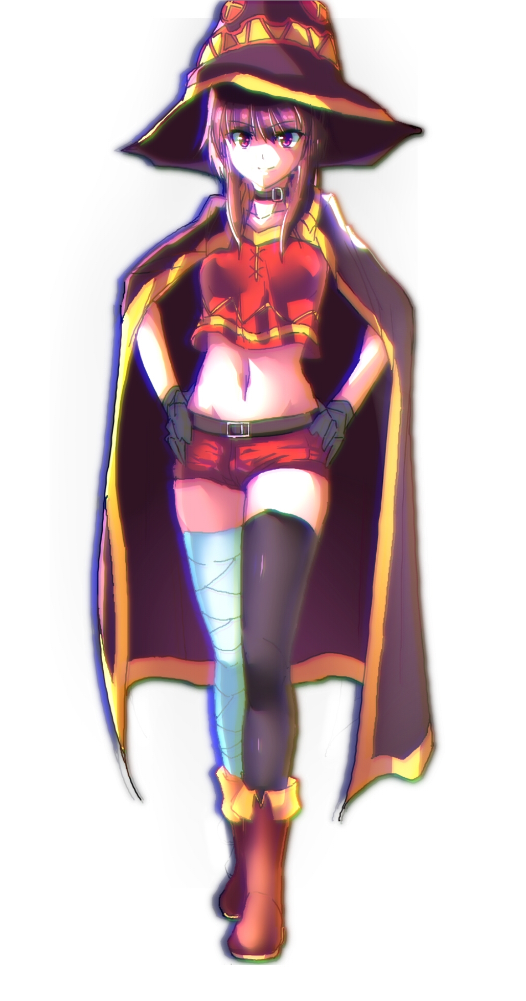 1girl, age_progression, asymmetrical_legwear, bandages, belt, black_hair, black_legwear, chromatic_aberration, collar, collarbone, hand_on_hip, hat, highres, kono_subarashii_sekai_ni_shukufuku_wo!, long_hair, megumin, midriff, navel, red_shorts, short_shorts, shorts, simple_background, solo, sugari, thigh-highs, violet_eyes, white_background, witch_hat